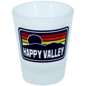 frosted shot glass with Happy Valley graphic